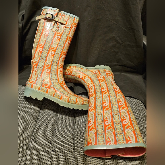 Tamara Henrique Paisley Pink Green Rain Boots Reduced from $90 - Picture 2 of 6